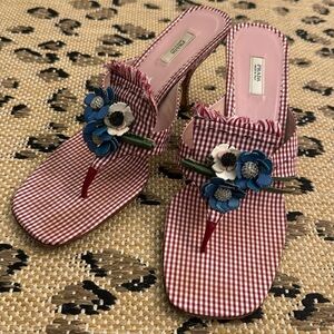 Prada Vintage Floral Detail Red Gingham Sandals Size 38.5 EU/8 US